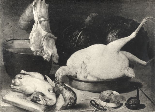 Anonimo — Valentino Giovan Domenico - sec. XVII - Natura morta con pollame e ortaggi — insieme